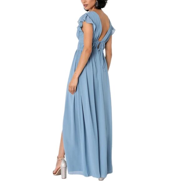 Lulu's NWT Slate Blue Floor Length Chiffon Ruffle Embellished Gown, Size M (6-8) - Picture 5 of 12